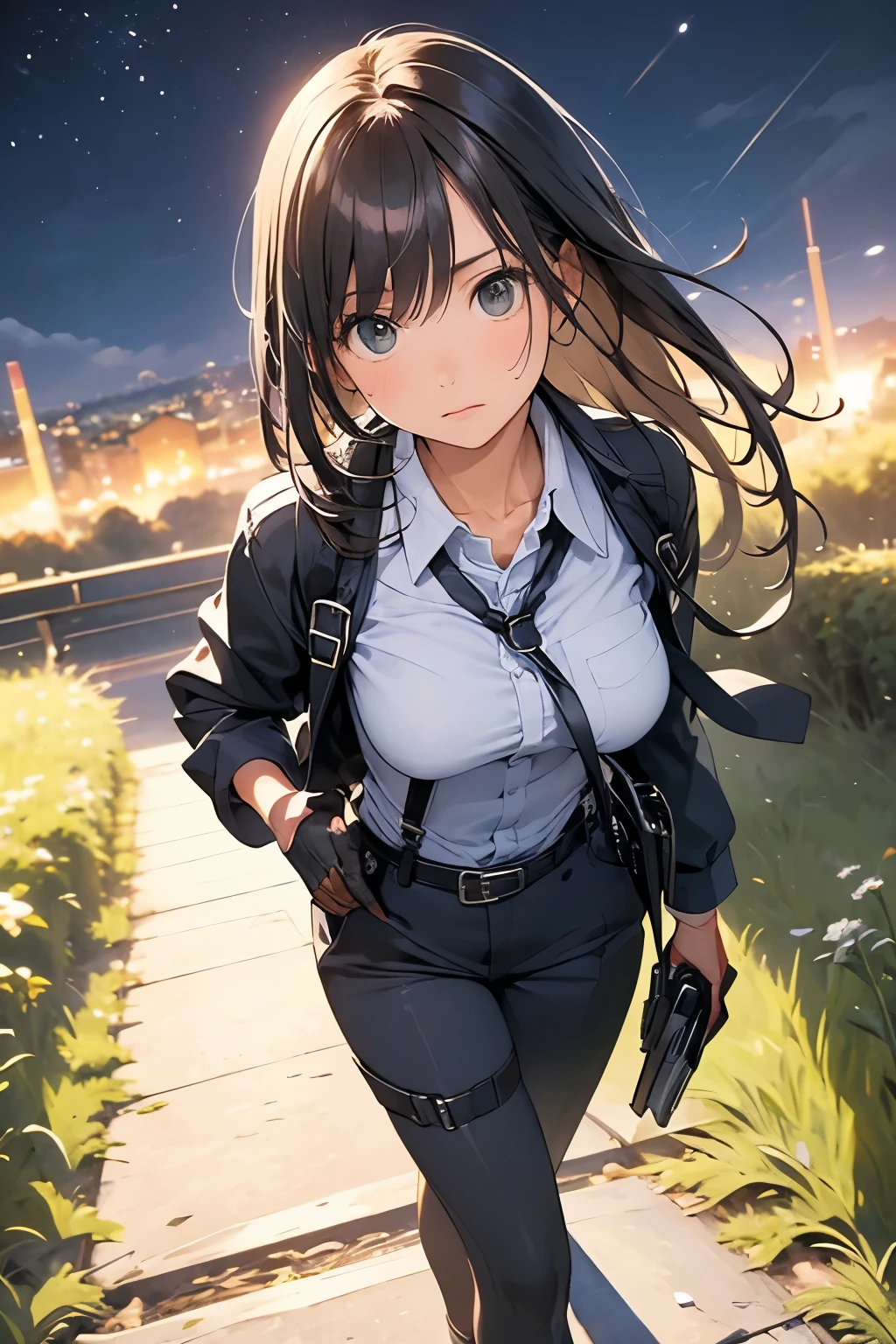 Highest quality, masterpiece, Ultra-high resolution, (realism: 1.4), Oil painting style, Cinema Lighting, An endless grassland dotted with a few houses, I stood on the empty asphalt road and looked at it., Fairy Mountain々was shrouded in mist, And the suspenders with the cranes flying Moderate breasts Small face holster Beautiful woman Lying in bed Looking up Sweat belt summer 脇Sweat Black Hole Gloves suit shirt Black jacket Black trousers Leg Links ズボンにbelt holster Nipples show through the top of clothes
