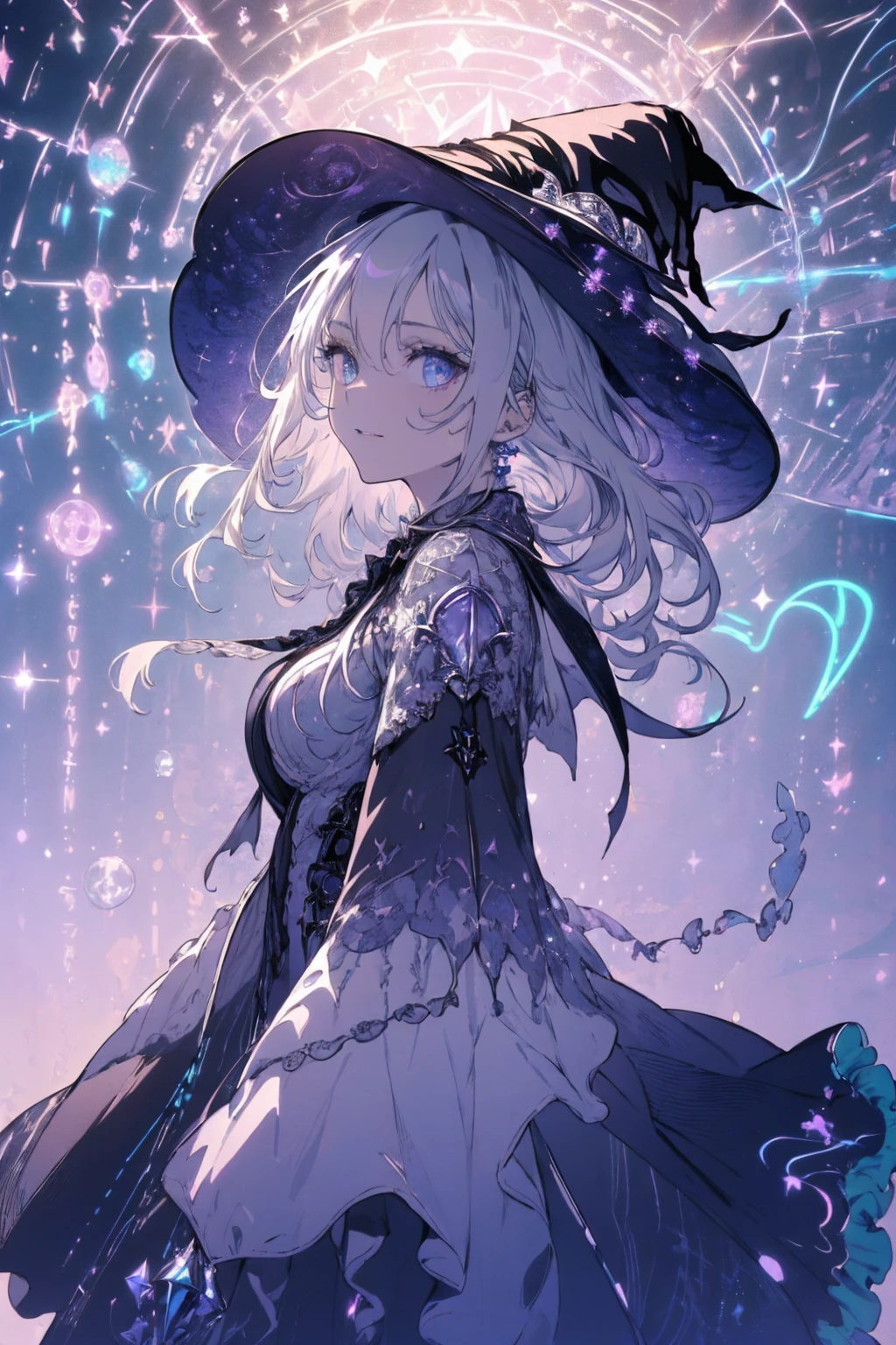 (witchcraft photo:1.1,in neon downtown:1.5), Masterpiece, best quality, (very detailed CG unity 8k wallpaper), (best quality), High definition RAW color art, Animation,sculptures, (silver Marble Skin), (((Ultra detailed elegant))), Magical atmosphere, Detailed skin, Texture,(Intricately detailed, Fine detail, ultra-detail art), depth of fields, bokeh, Silky Touch, Hyper Detail, beautiful eyes, Elegant Face, (ローブ, profile, looking here), sparkle background, (silver hair), pastel purple, fat, shorthair, dress, フリル, witchcraft hat, Round Glass:1.4, enormous breast, リボン, kawaii smile