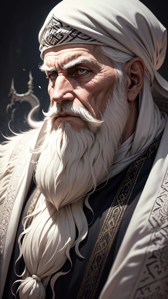 white moody aesthetic, wise old arab with a long white beard, intricate, sharp focus, fantasy, surreal 8k photo,