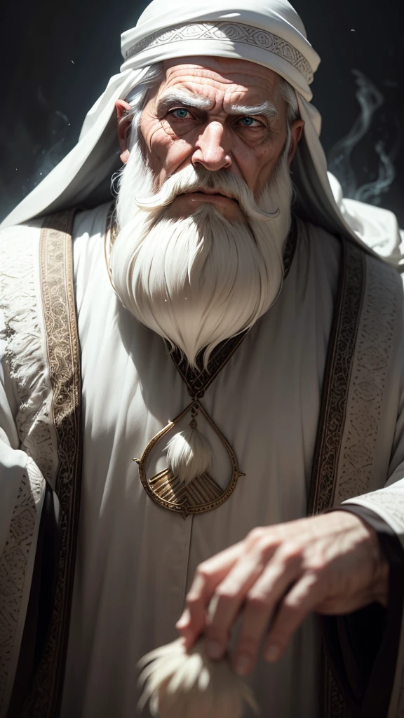 white moody aesthetic, wise old arab with a long white beard, intricate, sharp focus, fantasy, surreal 8k photo,