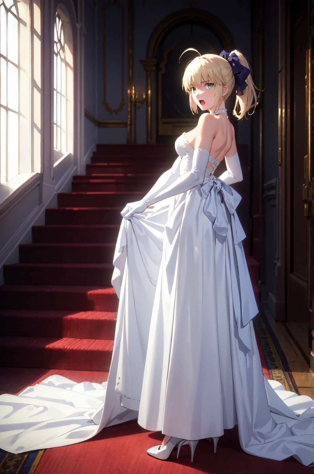 best quality, masterpiece,phSaber, phAltoria, 1girl, solo, gloves, elbow gloves, high heels, white dress, white gloves, open mouth, bow, official alternate costume, hair bow, breasts, backless dress, backless outfit, ponytail, strapless dress, bare shoulders, white footwear, standing,garter belt, blue bow, bangs, wedding dress, sideboob, short hair, long dress