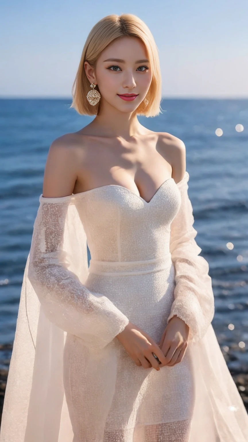(masterpiece), ((Highest quality)), (Very detailed), ((very delicine and beautiful)), (Unbelievably absurd))), (Perfect body))), 1 Girl, Glowing White Particles, Finding, Holding_sword, Blonde Bob, Red eyes, 17 years old, Outdoor, null, Aura full body, big, white tintered dress, Bare shoulders, A small smile, Ocean + background, Wind, Perfect hands, Hand Detail, Modified fingers. Earrings, Looking_in_Audience, Cowboy Shot, Rich details, Perfect image quality