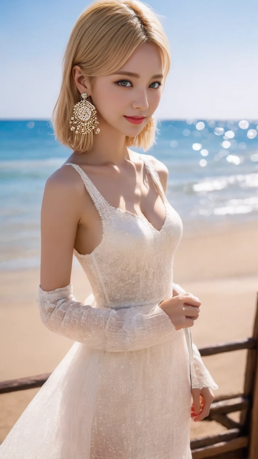 (masterpiece), ((Highest quality)), (Very detailed), ((very delicine and beautiful)), (Unbelievably absurd))), (Perfect body))), 1 Girl, Glowing White Particles, Finding, Holding_sword, Blonde Bob, Red eyes, , Outdoor, null, Aura full body, big, white tintered dress, Bare shoulders, A small smile, Ocean + background, Wind, Perfect hands, Hand Detail, Modified fingers. Earrings, Looking_in_Audience, Cowboy Shot, Rich details, Perfect image quality