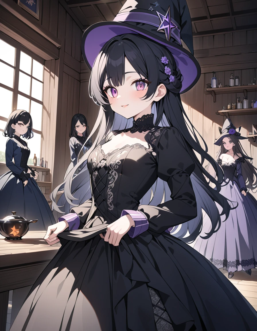 (best quality,4k,highres), pink-eyed,long black hair,girl looks happy,beautiful detailed eyes,beautiful detailed lips,long eyelashes,best quality portrait painting,detailed,physically-based rendering,ultra-fine painting,fine details,painting,a teenage boy has joined a witch coven and gets magically transformed into a cute teenage witch girl,gender bending,witches are helping putting clothes on the new girl,girl happily getting dressed in a stunning black victorian dress, physically-based rendering,gorgeous dress design,flowing gown,elaborate lace details,rich textures,contrast stitching,delicate ribbon bows,floral accents,full skirt,high neckline,long sleeves,fitted waistline,flared cuffs,lace-up back,imperfect fabrics,flawless silhouette,high heels, pink-eyed girl,effeminate face,pointy hat,long black hair,witches assisting in dressing up the new girl,promptly helps the new girl getting dressed in a stunning black Victorian dress, in a old wooden dark cabin with worned out furniture, magic sparkles, magic pot, potions on a shelf, pentagram, high resolution, 4K, 8K