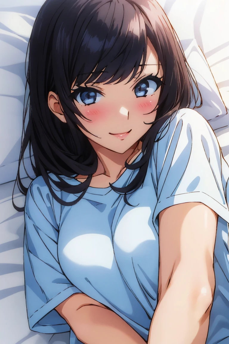 masterpiece、Highest quality、Woman 1、Very detailed　Black Hair、Blunt bangs　blue eyes、Beautiful Eyes　T-Shirts　smile、blush　Face is close、Face close-up、Bring your head closer　Sheetに寝転がる、Lie down、Bed In　Sheet