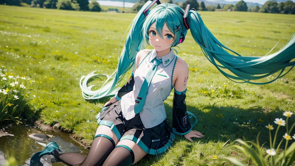There is Hatsune Miku and an Irish meadow in the background.。