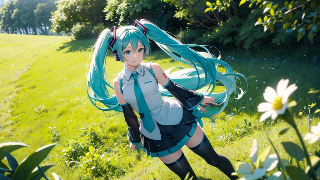 There is Hatsune Miku and an Irish meadow in the background.。