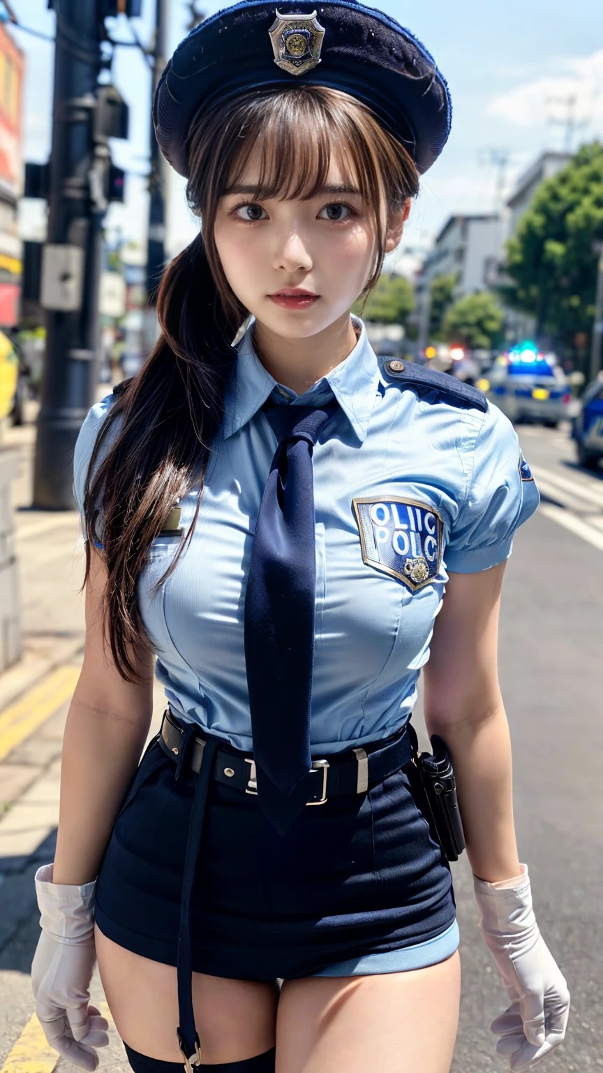 (8K, RAW Photos, Highest quality, masterpiece:1.3), (professional photography, full colors, studio-caliber color grading), (Gravure quality for high-end fashion magazines), close up, BREAK, (1 female police officer:1.5), 25 year old girl,(perfect long ponytail:1.1), crying a little, Harajuku style, Big Natural Color Lip, (Plumpy body:1.2 (smooth skin.1.1  (huge breasts1 (expresses the roundness and softness of the chest area..1  BREAK ((policewoman uniform, light blue short sleeved shirt, navy necktie, high waisted miniskirt), belt, white gloves, police hat, )