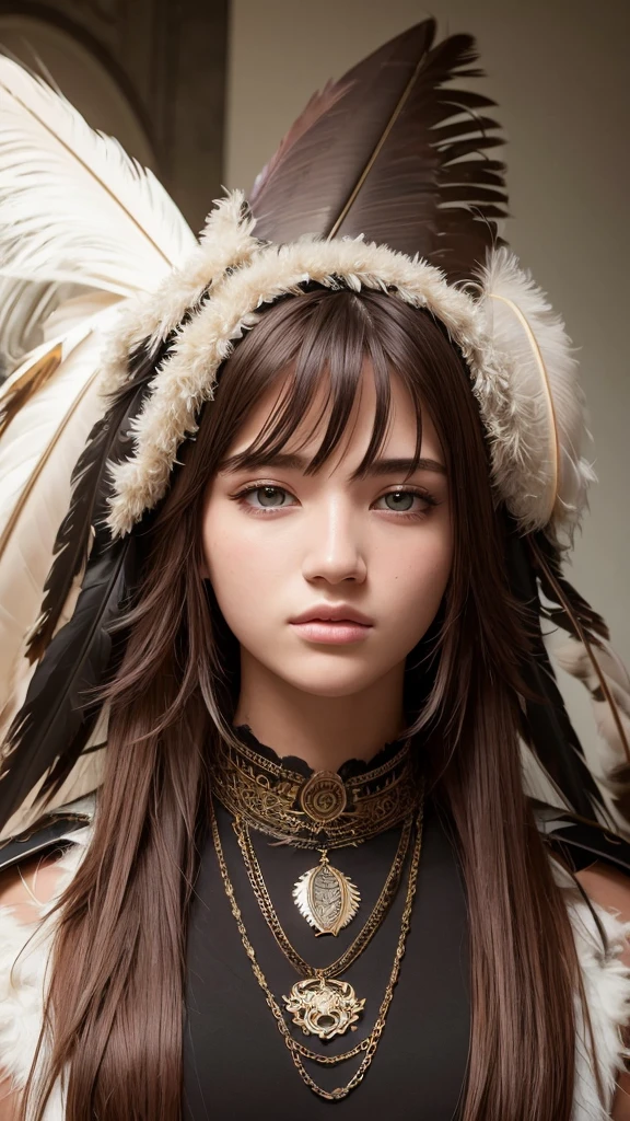 High quality, masterpiece, exquisite facial features, exquisite hair, exquisite eyes, exquisite colored hair, 4K quality, gorgeous light and shadow, Tyndall effect, halo, messy hair, young state, gorgeous scenes, fine clothes, chains, (feathers:1.2)