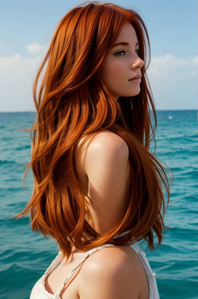 ((best quality)), ((masterpiece)), (detailed), a girl with Auburn hair looking at the sea