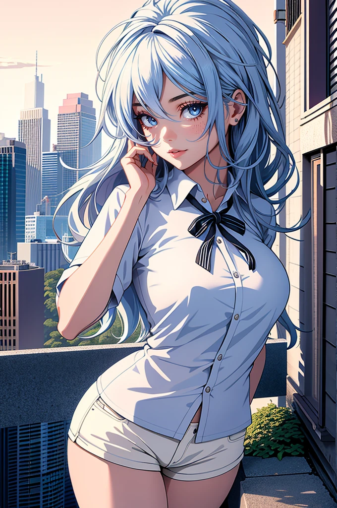 (highest quality:1.3), Super detailed, Sharp focus, Full Color, (Ultra-fine illustration:1.0), (Realistic background:1.5), (digital anime female girl:1.0), (seductive anime girl),
 Drawing a girl blue and white hair, In white shorts, shirt, Full Body Shot, Sweaty, Browsing Caution, gts, (giantess:1.3), city, outdoor