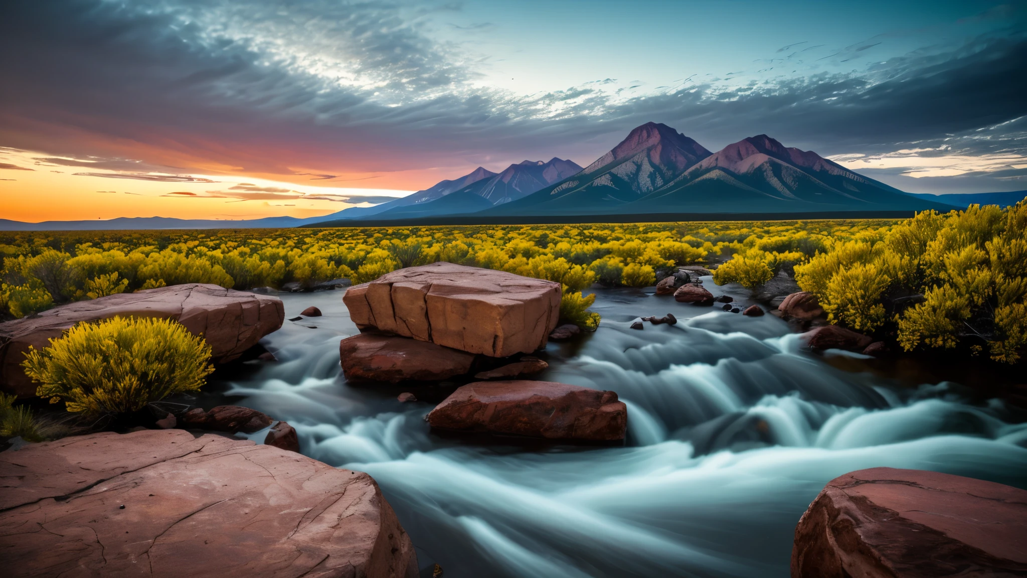 ground level photo within New Mexico Rocky Mountain Range, State Park, [perfect PM lighting conditions, with lots of reds orange yellow purples in the dusk sky] with a feeling of splendor and humility [after long hard rain with flowing water][spectacular large asteroid breaking into many pieces on reentry] [long exposure on wide format bellows camera] [rays of sunshine]  true film high dynamic range with infrared, award winning, legacy artwork, 8k [post-processing: adjust curves to "S", unsharp mask .25, dodge and burn, edge vignette]