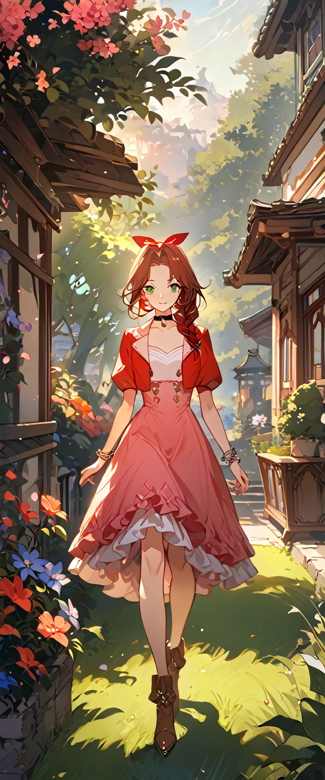 masterpiece, best quality, 8k, 4k, 1girl, aerith gainsborough, brown hair, braided, green eyes, red hair ribbon, braided long ponytail, red bolero jacket, cropped jacket, bow, choker, long pink dress, pink bow, brown boots, bangles, walking in a garden, flowers, detailed background,, inspired by Asukaziye artist : ask, art style : ask