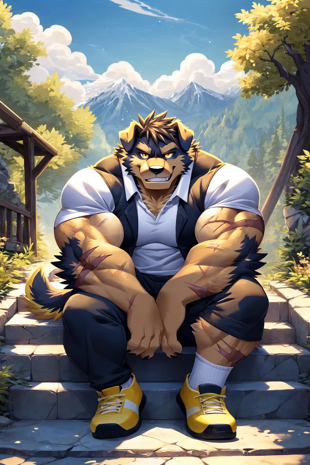 (sfw:1.5), male focus, Handsome 1boy, solitary,protrait photo, (White thick eyebrows:1.3), single, (Black nails, Black claws:1.4), yellow skin, Black hair, (black and yellow tail:1.4), (perfect golden eyes:1.4), (black and yellow body:1.3), (yellow chest:1.1), (black and yellow ears:1.4),
Tibetan Mastiff, feet, black Tibetan mastiff, dog, Tibetan mastiff boy, Tibetan mastiff body, (evil eyes, big eyes, large eyes:1.4), (Chubby, The body is huge, Larger face:1.3),
(White short-sleeved shirt, Black vest:1.4) , (Black trousers:1.4),(yellow short shoes:1.4), (White socks:1.2), (blue whistle:1.3), (Lots of scars, lots of scars, Lots of scars:1.3),
(full body:1.3), (Mature men:1.4), (Strong body, muscle,Strong male, muscle男:1.3), (Sitting, Sitting on the steps:1.4), (Looking at the audience, Focus, Eyes gaze:1.2), (evil smile, evil grin, Smirk:1.4),
full background, Faculty, roadside, Stone steps, Mountain, Blue sky, White Cloud, Trees, Sunlight, daytime,
Mysterious and romantic atmosphere, Caustic lines(refraction, polarization)Perfect anatomical structure, absurd, Detailed background, (Delicate eyes:1.3),Printing style。((artist:Takemoto Arashi))