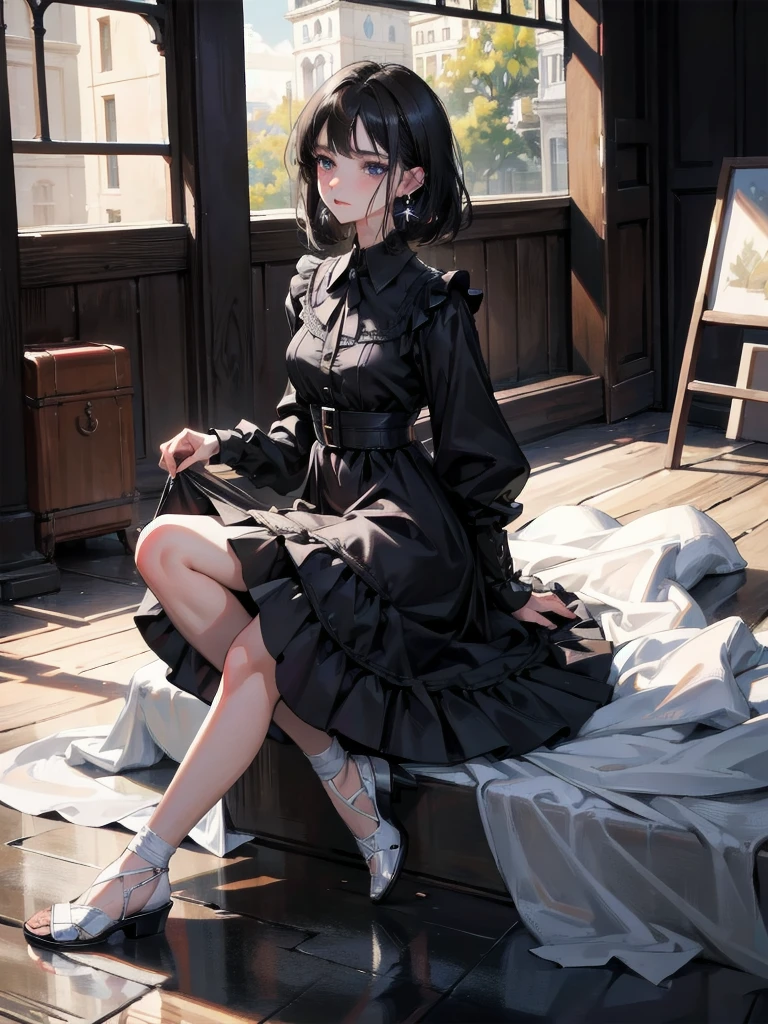 absurdres, RAW photo, extremely delicate and beautiful, masterpiece, Best Quality, ultra high resolution, 32k, hyperrealistic, ultra-detailed, in her 20s, delicate facial features, tearful mole, earring, medium breasts, ((full body shot)), shorter middle hair, black hair, collared shirt dress,