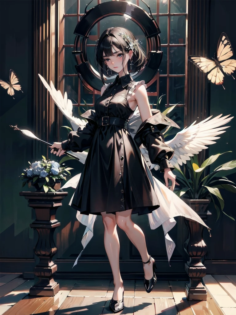 absurdres, RAW photo, extremely delicate and beautiful, masterpiece, Best Quality, ultra high resolution, 32k, hyperrealistic, ultra-detailed, in her 20s, delicate facial features, tearful mole, earring, medium breasts, ((full body shot)), shorter middle hair, black hair, collared shirt dress,