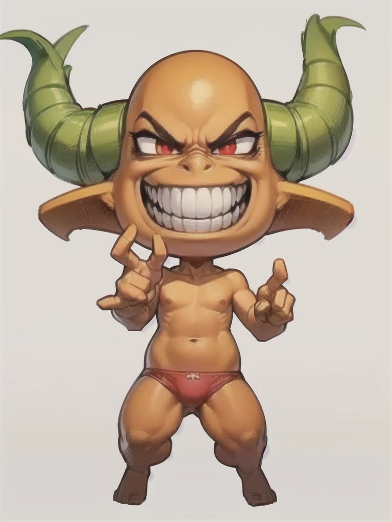 There is an animated image of a troll with a big smile, (((orange skin))), (((No clothes)), (((red underwear))))), (((red eyes)))), (((prominent teeth))), (((large head))), Photo of the Gollum demon, scary anger pose, Gremlin, Cute Troll, Goblin, cartoon creature, evil smile, toon rendering screen capture (((white background)), (((simple background))), ((((((full body))))))