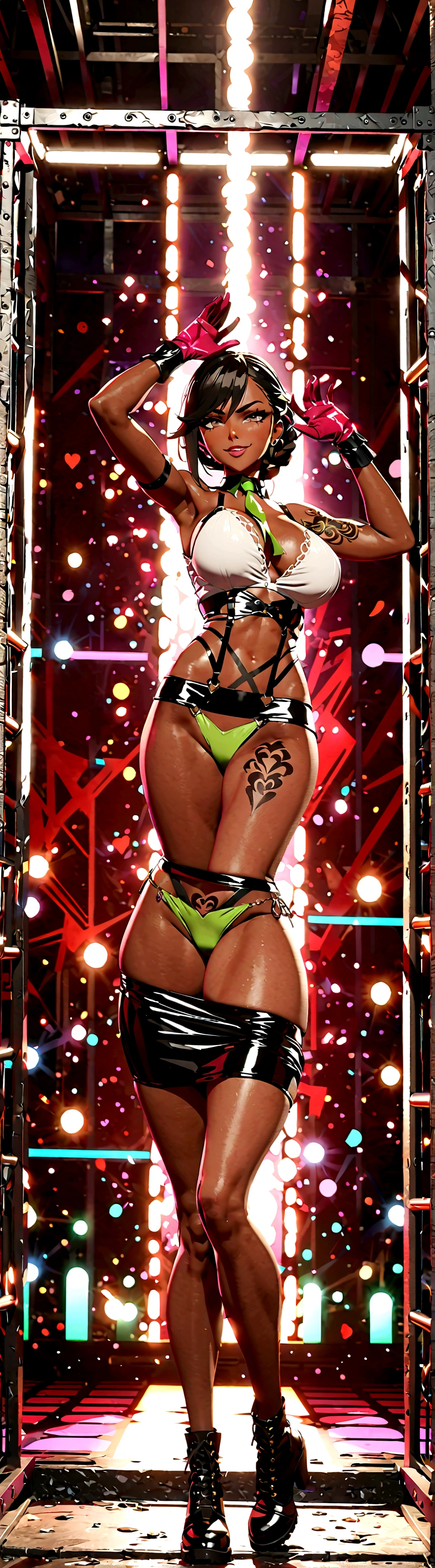 Nightclub cage, (( , unreal Engine, cel-shaded animation, masterpiece, hdr, 4k, ray tracing detailed background, amazing quality, incredibly aesthetic, incredible sharp absurd res, incredibly sharp gradients, deep highlights), : (Connie maheswaran, strong sensuous, well-built, voluptuous, amazing dark skin, light black eyes, flowing, shining, wavy black hair tight dragon braid, strong, heart hips, big breast, big butt, long legs), :
(provocative, accentuating gogo dancer white crop blouse, green tie, black loose knee-high suspender school skirt, white socks, black combat boots, red weighted gloves, green panties,dancing enticing vivacious provocative in a nightclub, , hypnotically moving hips and ass looking over her shoulder within a cage, flirtatiously smirk, pink gem butt tattoo on ):perfect face, perfect hands, perfect charm, mischievous prankster, impact frame, motion lines, details, cool tones, rich atmospheric shading, sensual shadowing, Life size body, dynamic angle, dynamic pose, dynamic perspective, dynamic Line of action, dynamic scenery, atmospheric lighting, Cinematography,