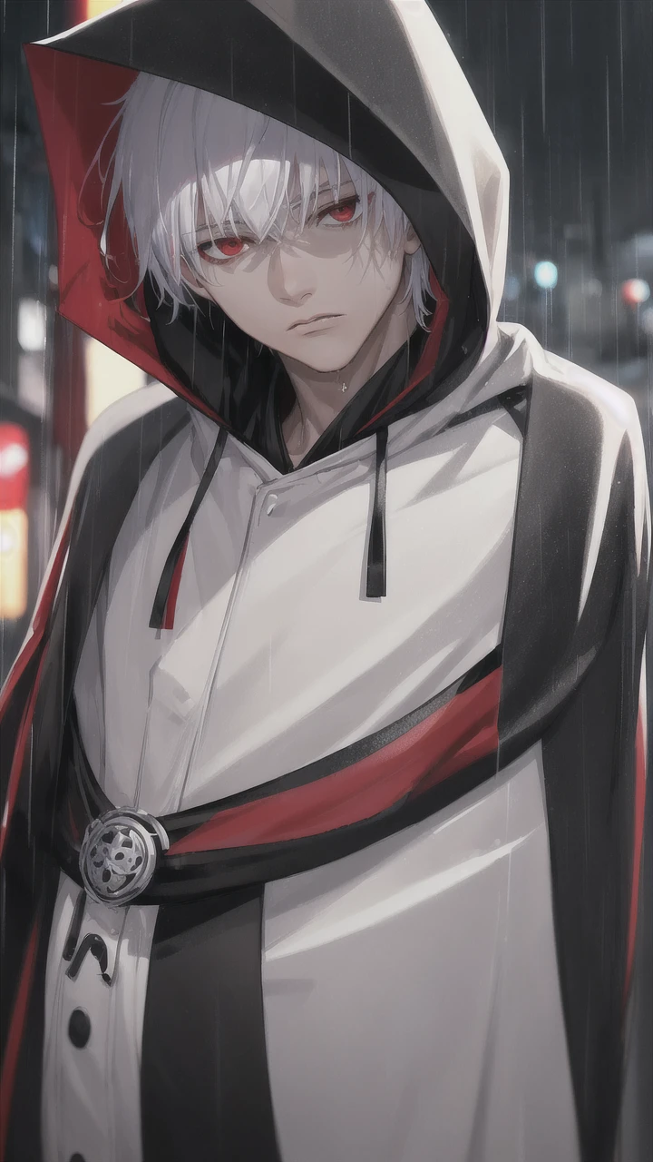 kk, best quality, more details, masterpiece, 1boy, kaneki ken, portrait, male focus, red eyes, solo, bangs, looking at viewer, hood, short hair, rain, tokyo tokyo \(city\), hood up, nail polish, white hair, luxurious, 8k, detailed, ray tracing, depth of field, cinematic lighting,