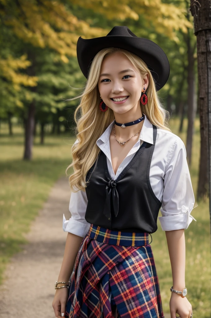 masterpiece, best quality, highres, kitagawa marin, 1girl, blonde hair, long hair, multicolored hair, red eyes, jewelry, earrings, piercing, , white shirt, tied shirt, black choker, blue necktie, plaid skirt, grin, smile, standing, cowboy shot, outdoors,