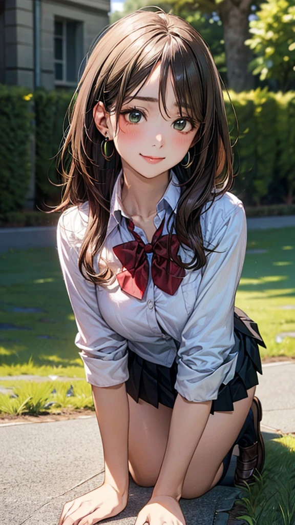 (masterpiece:1.2, top-quality), (realistic, photorealistic:1.4), beautiful illustration, (natural side lighting, movie lighting),
looking at viewer, cowboy shot, front view:0.6, 1 girl, japanese, high school girl, perfect face, cute and symmetrical face, shiny skin,
(long hair:1.8, straight hair:1.7, light brown hair), parted bangs, emerald green eyes, long eye lasher, (large breasts:0.9, thick thighs),
beautiful hair, beautiful face, beautiful detailed eyes, beautiful clavicle, beautiful body, beautiful chest, beautiful thigh, beautiful legs, beautiful fingers,
((, white collared shirts, black pleated mini skirt, black socks, brown loafers, red bow tie)), break, hoop ring earrings, pink panties, dark blue school bag, violet cardigan, break,
(beautiful scenery), evening, riverside, walking, hands on chest, (lovely smile, upper eyes), A masterpiece, top quality, highest definition, 32K, one big dog, one beautiful woman. On all fours in a grassy field, a dog hugs the woman's back.
Woman's face, bright red, flushed,