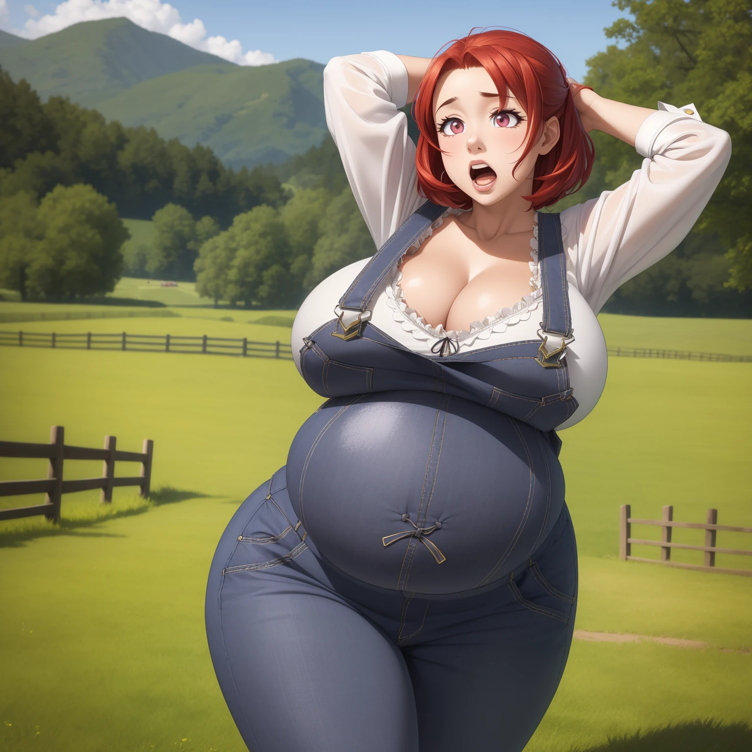 masterpiece, Cow Girl, Red hair, best quality, 1girl, solo, gscowgirl, huge breasts, cleavage, overalls, white shirt, farm, field, wooden fence, curvy, ((big belly, massive belly, giant belly)), shocked, open mouth, (hands behind head:1.4), (solo:1.5)