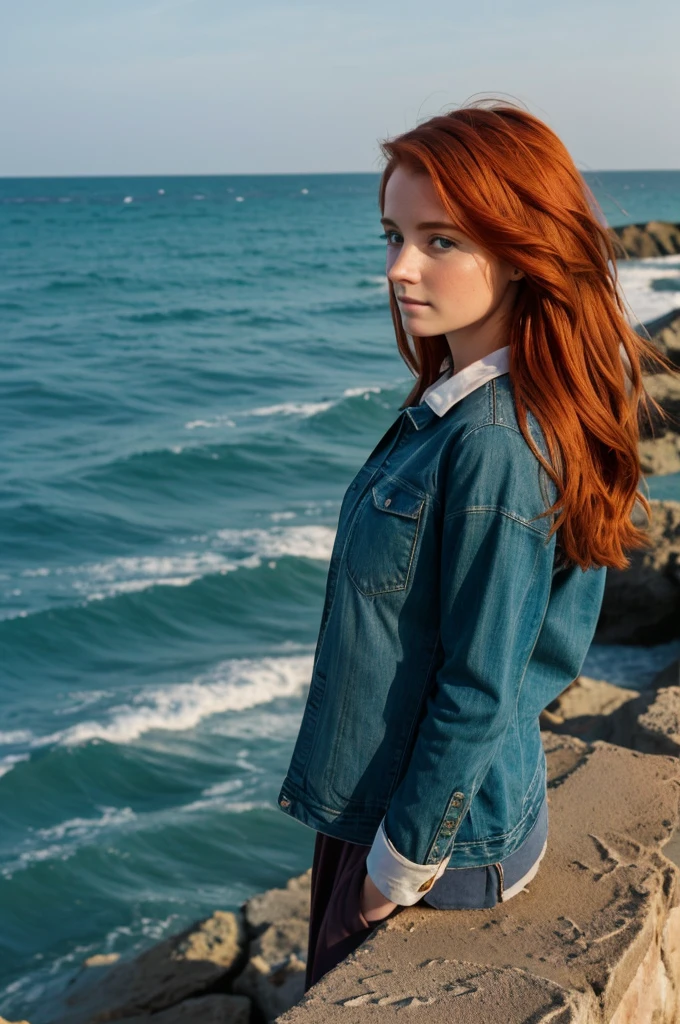 ((best quality)), ((masterpiece)), (detailed), a girl with Auburn hair looking at the sea not the camera
