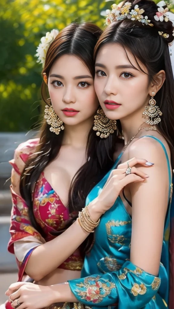 The percentage is the same for all races., All faces and photos must be different,Portraits of two vibrant and exotic goddesses,Silk lace,embroidery,Bracelet, Bangles:1.3,Ancient Hair Accessories,