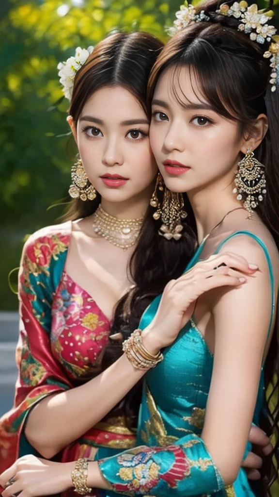The percentage is the same for all races., All faces and photos must be different,Portraits of two vibrant and exotic goddesses,Silk lace,embroidery,Bracelet, Bangles:1.3,Ancient Hair Accessories,
