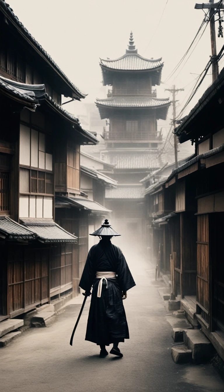 Blurred image of a man holding a sword in black and white photography, In the background is an image of a feudal Japanese village destroyed by fire, Destroyed villages, inspired by Kanō Sanraku, Works inspired by Kano Hogai, Inspired by Toshusai Sharaku, Portrait of a Samurai, Inspired by Koshiro Onchi, miyamoto musashi, Portrait of a Samurai,Musashi in his later years,Create a hyper-realistic portrait of miyamoto musashi in his later years. He is depicted with a calm and wise expression, wearing traditional samurai attire. The background is a simple and elegant setting, perhaps a traditional Japanese room with tatami mats and a scroll on the wall, reflecting his legacy and wisdom.