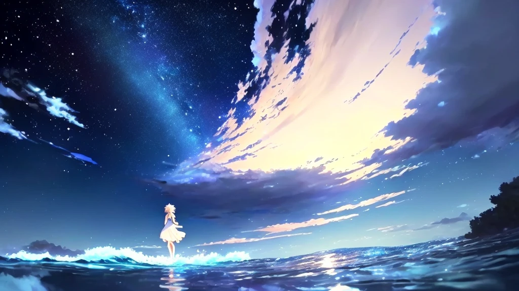 anime, A girl in a white dress floats in the water, Makoto Shinkai Cyril Rolland, anime girl walking on water, anime movie background, beautiful anime scene, today's featured anime still, anime film still, screenshot from the anime film, anime still film anime shikishi, star(null) starry_null