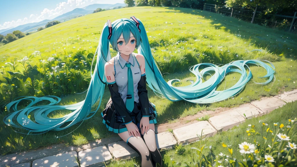 There is Hatsune Miku and an Irish meadow in the background.。