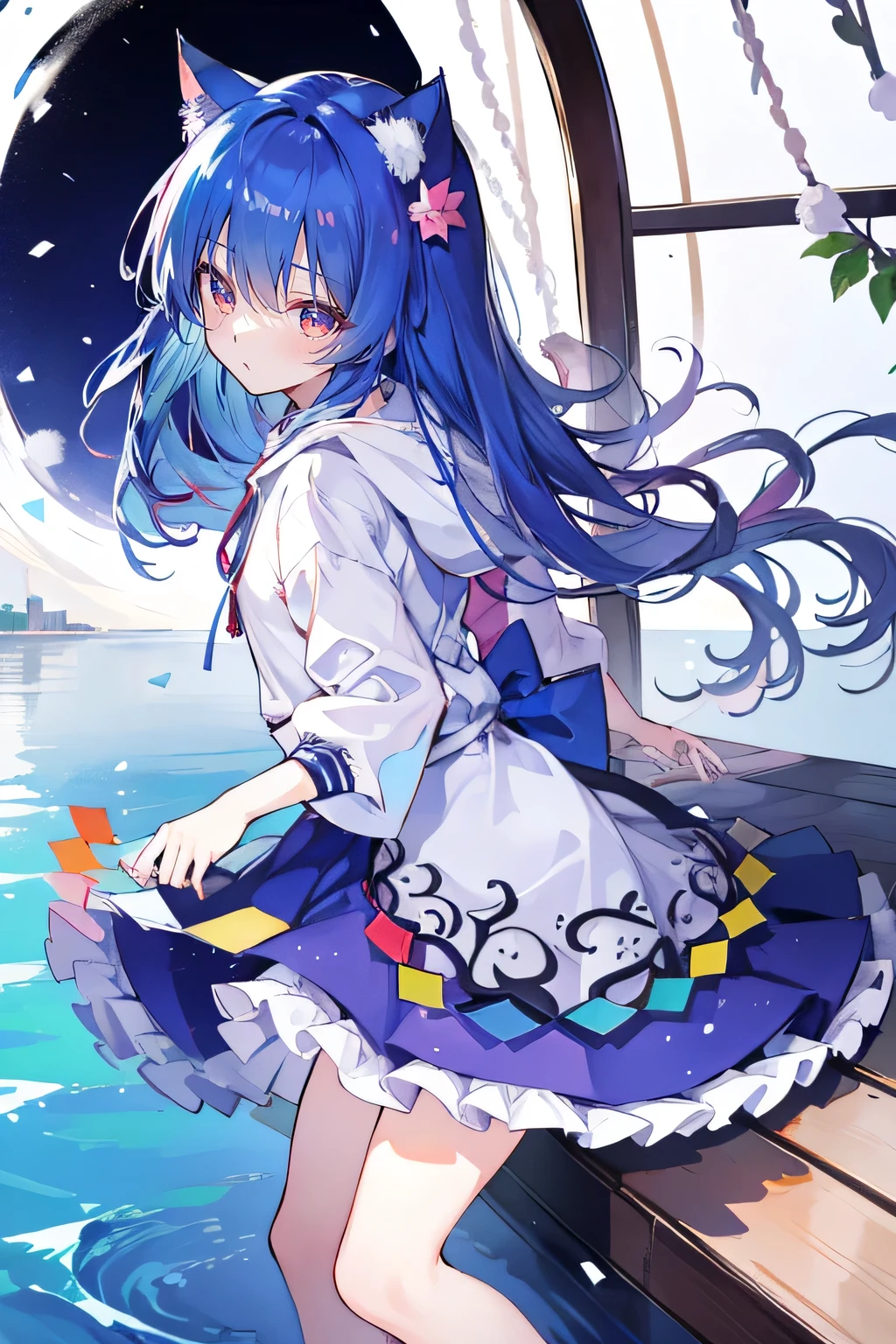 (masterpiece:1.2),Super detailed,lifelike,Expressive eyes,fair skin,perfect face shape,1 girl,
Japanese comics,Gorgeous blue hair,flowing blue hair,flowing clothes,Cat ears,Petals fall,beautiful lola,Baby Angel,
Shaking head with one hand,Cross your legs,Gentle and peaceful background,The pavilion is cool and comfortable,smile, wearing hoodie, background of tokyo,back views,snowing, winter,lie on the water.