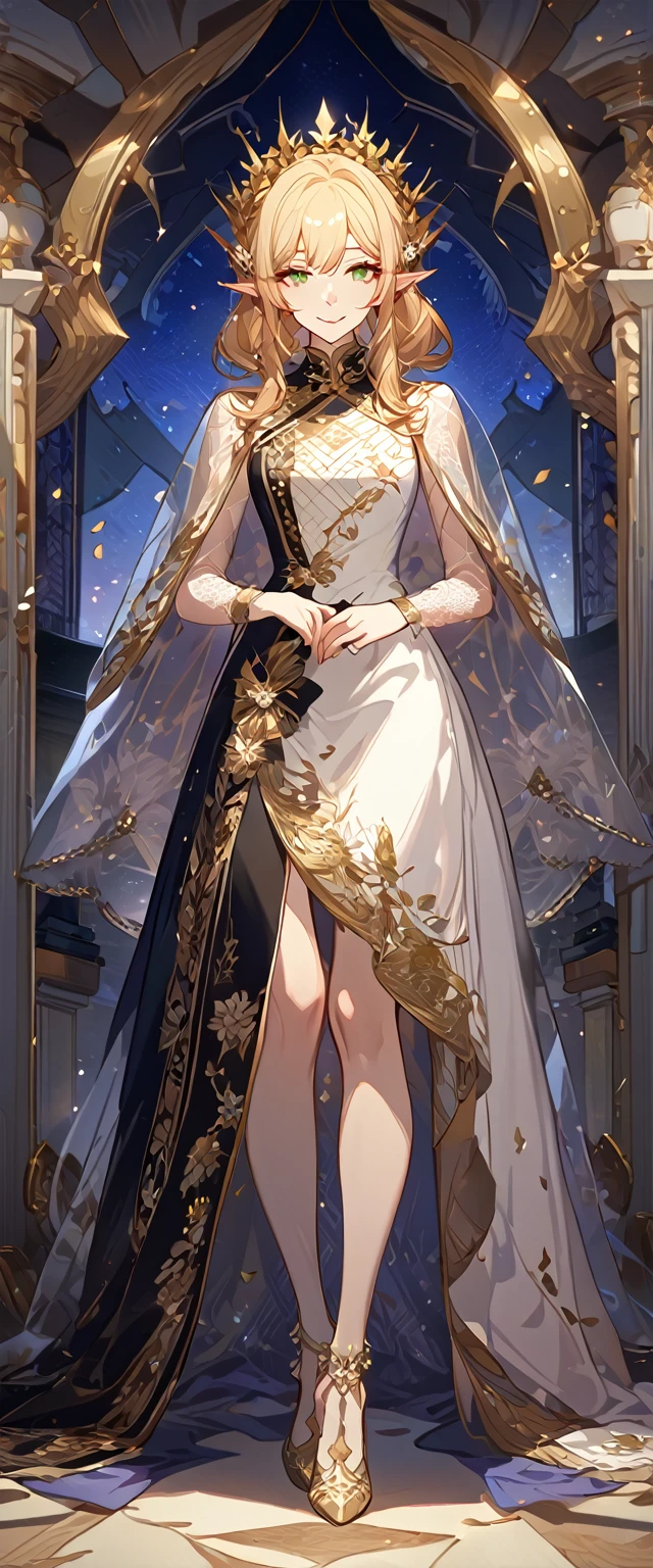 masterpiece, best quality, 8k ,4k , 1girl, elf queen, blond reddish hair, green eyes, big , gold wreath crown, hair ornament, finely detailed eyes and detailed face, looking at viewer, white sleeveless, Lace dress, patterned clothes, gold embroidery clothes, meticulous clothes, mature clothes, transparent cape with lace, majestic looks, smiling gently, small bird, full body, inspired by Asukaziye artist : ask, art style : ask