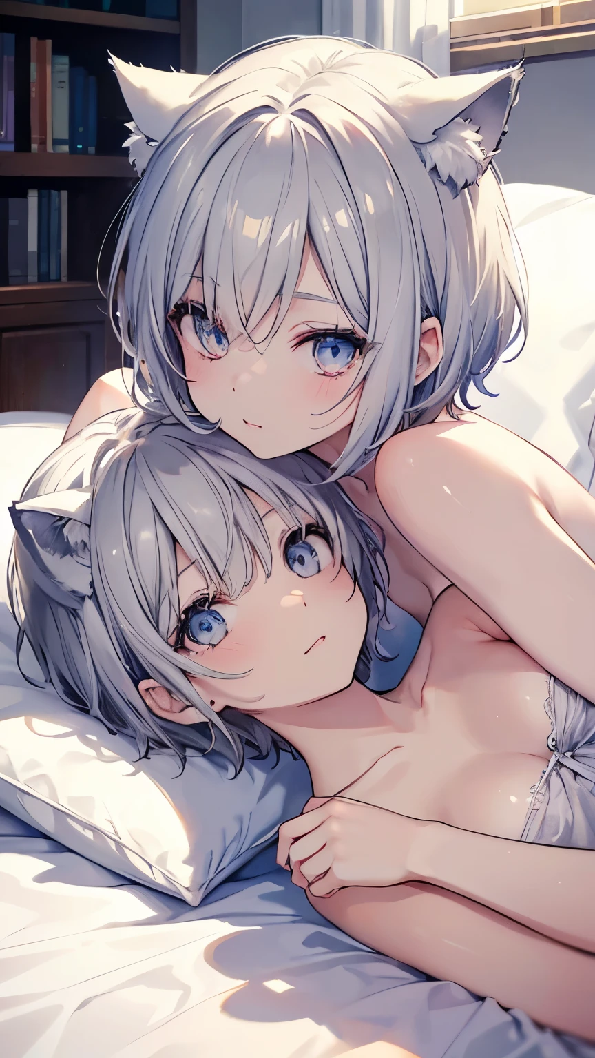 nude、Silver furry animal ears、Silver fluffy shaggy tail、Silver Hair、bed、blue eyes