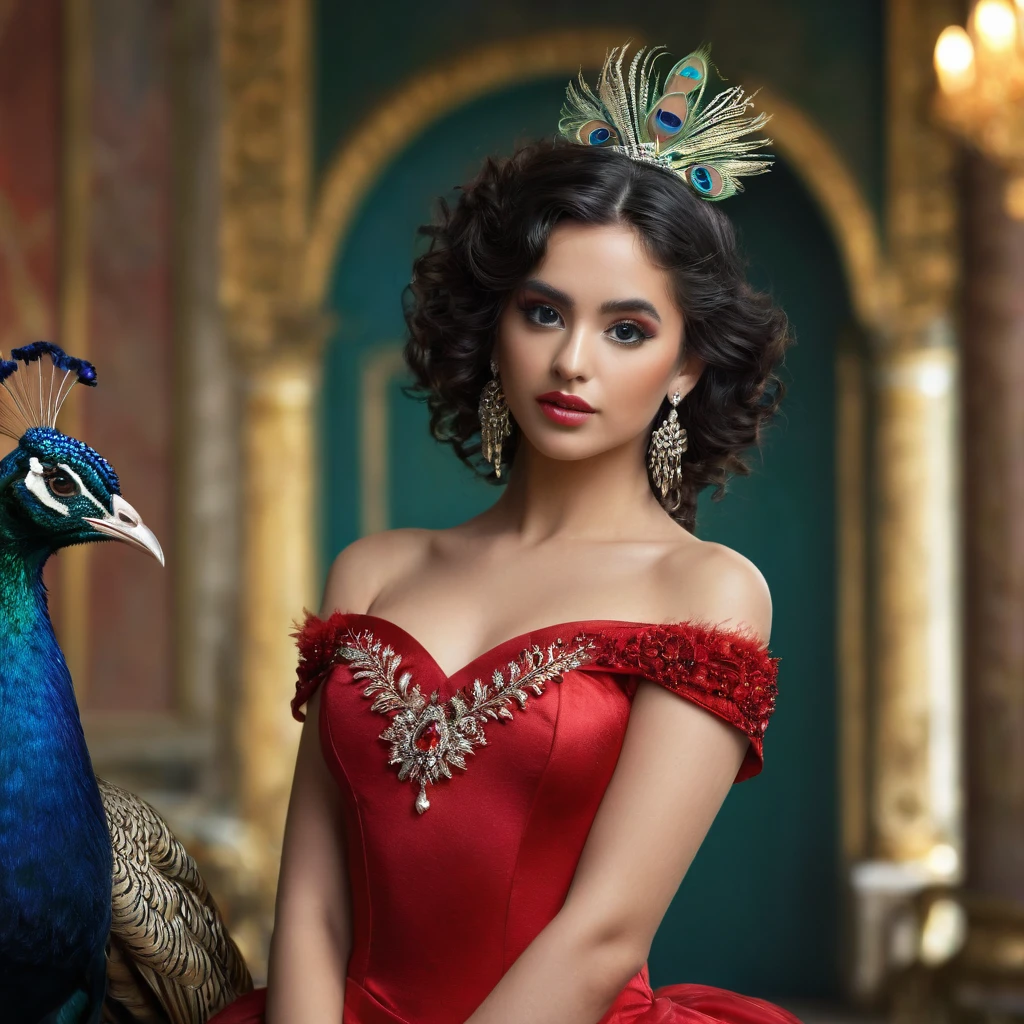 PROMPT: photorealistic,realistic,photography,masterpiece,best quality,ultra-detailed,extremely detailed, 8k wallpaper,1girl,looking at viewer,full body,off shoulder,tiara,makeup,breasts,black hair,curly hair,lips,dress,jewelry,earrings,bird,peacock strapless dress, feathers red dress, abstract,peacock background,