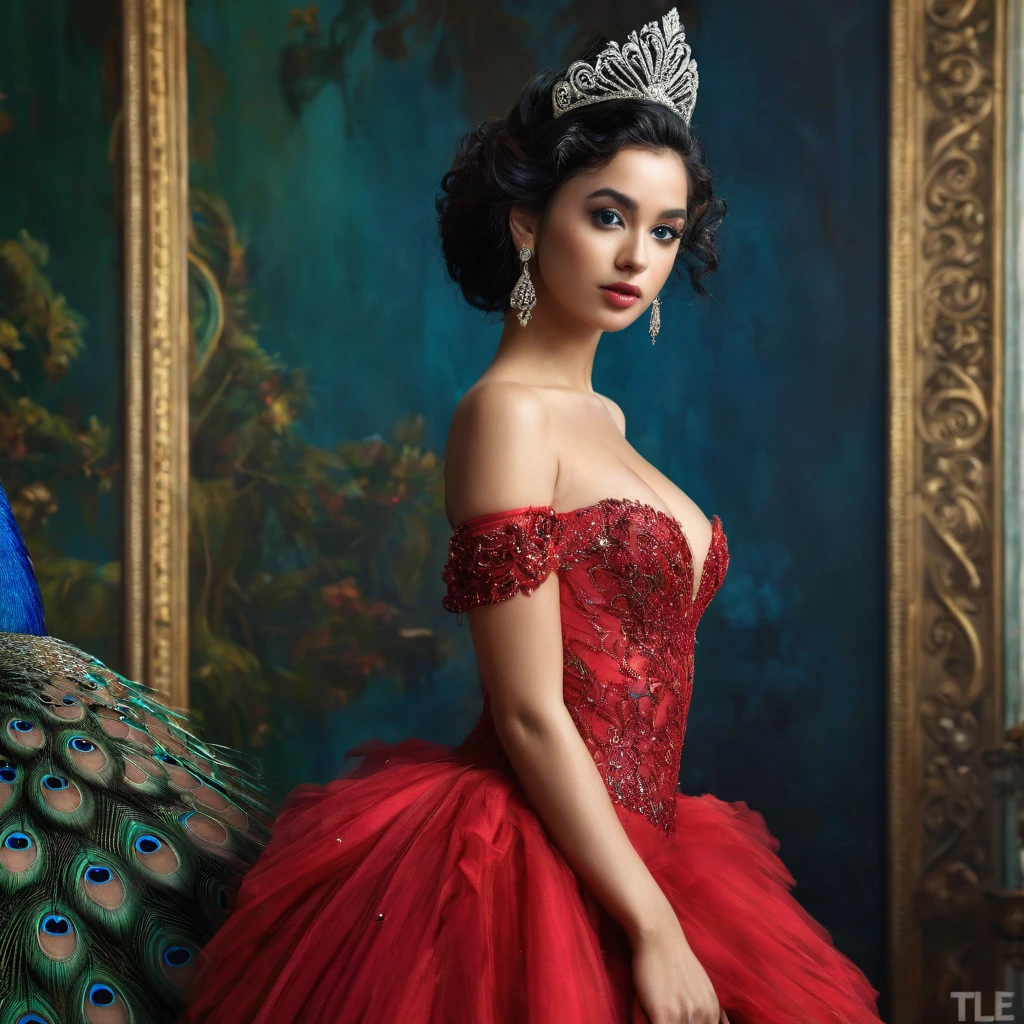 PROMPT: photorealistic,realistic,photography,masterpiece,best quality,ultra-detailed,extremely detailed, 8k wallpaper,1girl,looking at viewer,full body,off shoulder,tiara,makeup,breasts,black hair,curly hair,lips,dress,jewelry,earrings,bird,peacock strapless dress, feathers red dress, abstract,peacock background,