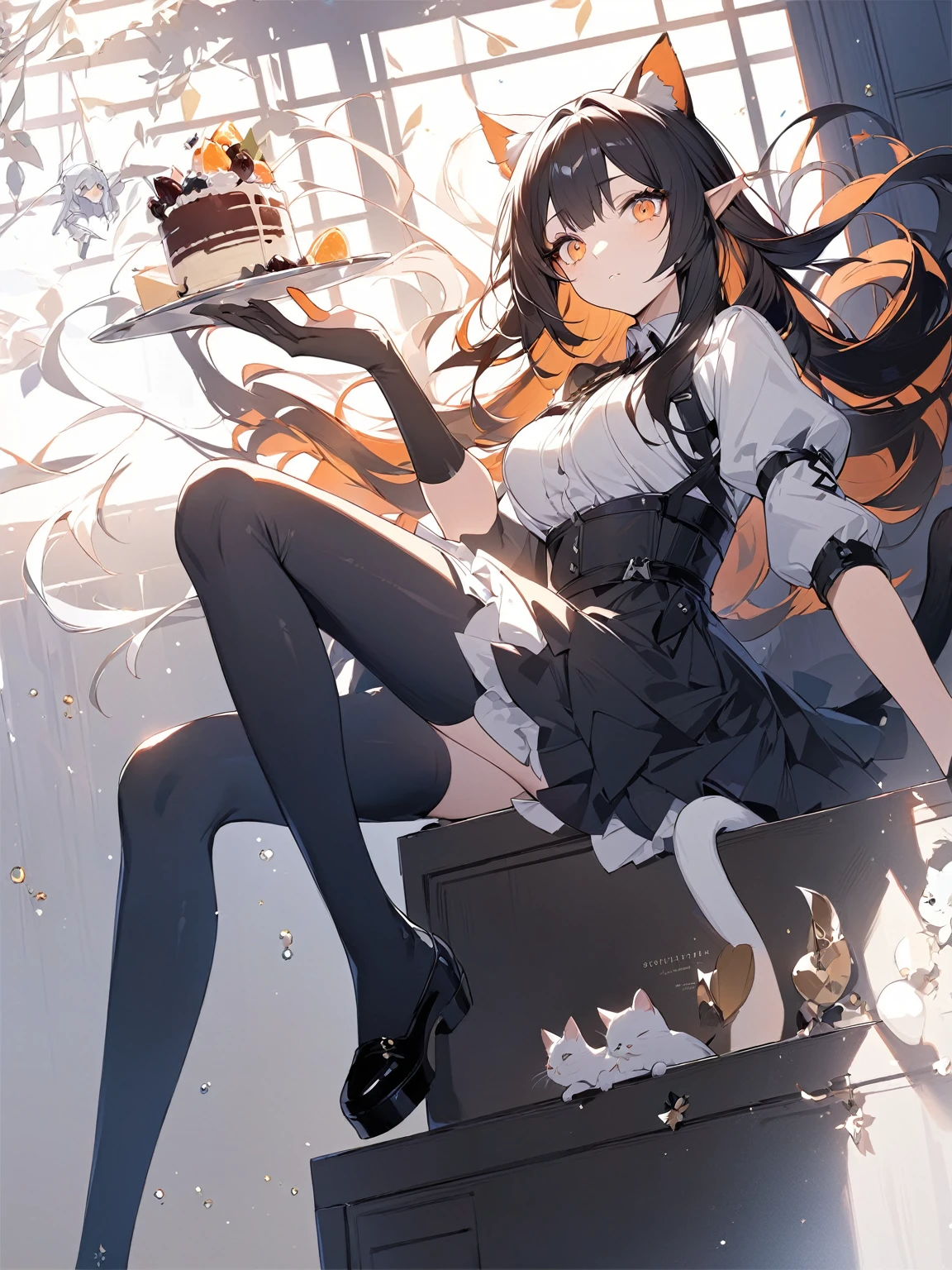 Slender anime girl,Black long hair,Bright orange eyes,Cat Ears Female Outfit,Black long sleeve,Sitting on the cupboard with legs crossed,There was a white elf holding a dessert flying beside her.,Arknights style,Light and shadow,masterpiece,Beautiful illustration wallpaper。