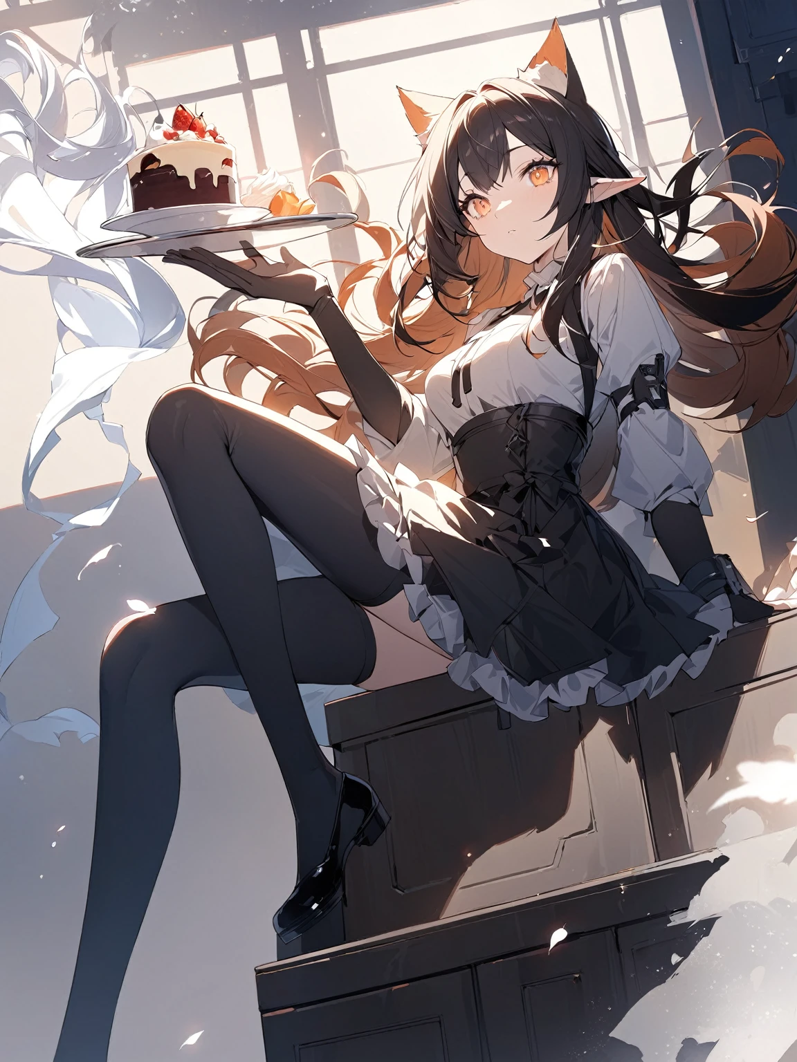 Slender anime girl，Black long hair，Bright orange eyes，Cat Ears Female Outfit，Black long sleeve，Sitting on the cupboard with legs crossed，There was a white elf holding a dessert flying beside her.，Arknights style，Light and shadow，masterpiece，Beautiful illustration wallpaper。