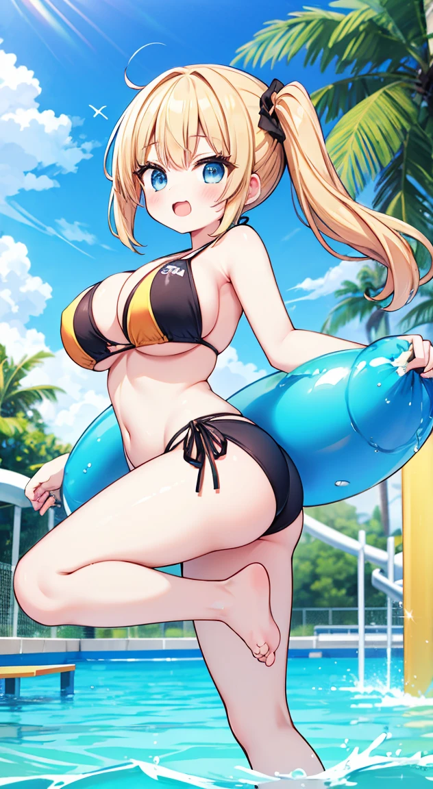 masterpiece,Highest quality,Floral Bikini Top, Floral bikini bottoms,,Side tie bikini bottom,Waterslideのあるウォーターパークの風景, Featuring Japanese Girls. Large Breasts,The girl is wearing a colorful bikini、Fun and long, Open, Water slide, barefoot. Waterslide、Surrounded by vibrant greenery and clear blue skies. When going down the slide、Water splashes all around. she&#39;Riding on a bright inflatable ring, Ride on the floot ring,Adding vibrancy to the overall atmosphere of the scene, そしてsheのbarefootは楽しさと感覚を加えます.Browsing Caution,