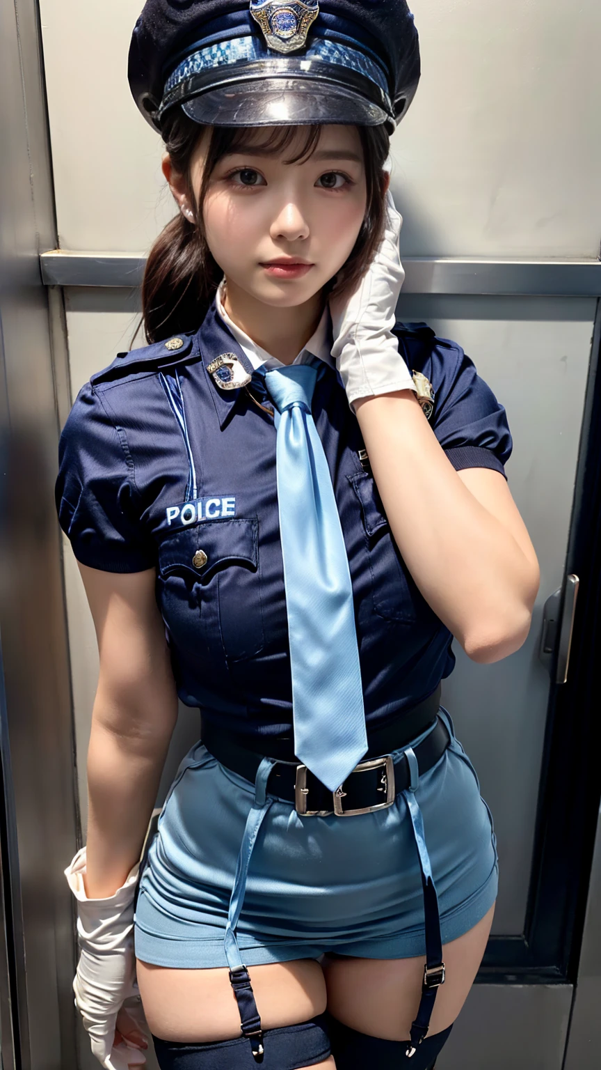(8K, RAW Photos, Highest quality, masterpiece:1.3), (professional photography, full colors, studio-caliber color grading), (Gravure quality for high-end fashion magazines), close up, BREAK, (1 female police officer:1.5), 25 year old girl,(perfect long ponytail:1.1), crying a little, Harajuku style, Big Natural Color Lip, (Plumpy body:1 (smooth skin.1.1 (huge breasts1 (expresses the roundness and softness of the chest area..1 BREAK ((policewoman uniform, light blue short sleeved shirt, navy necktie, high waisted miniskirt), belt, white gloves, police hat, )