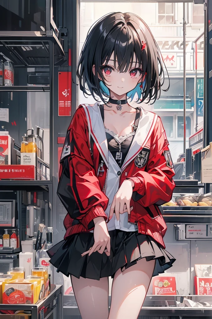 (masterpiece, highest quality, highest quality, (No text), Beautiful and aesthetic:1.2),No text,アニメ、BREAK,One Girl，Black Hair Girl　short hair　older sister　choker　Beautiful eyes　Red eyes　cool　smile　Red and Black　Black jacket　mini skirt　whole body　In town