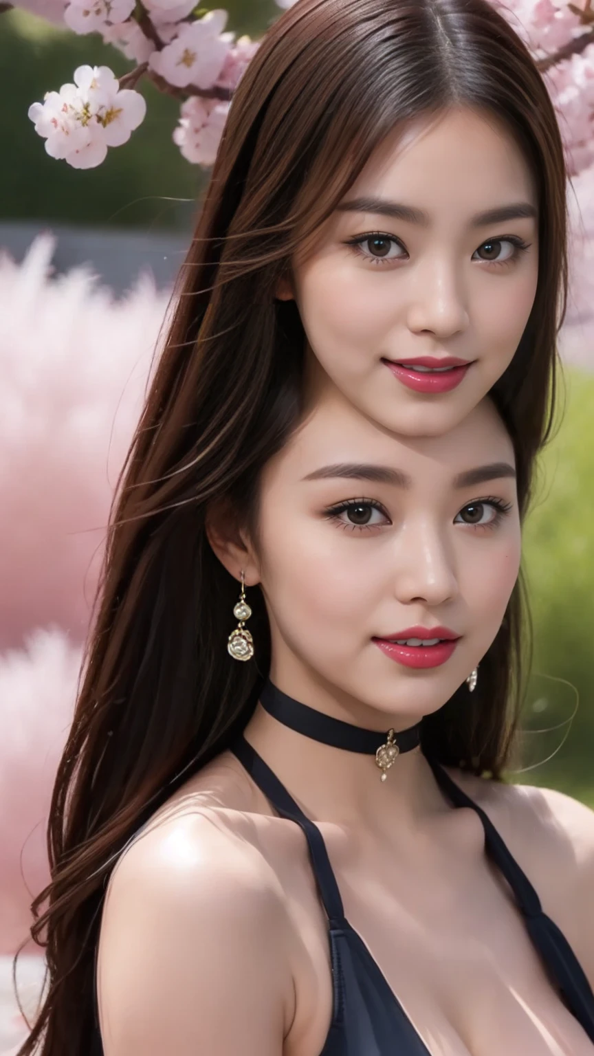 (8K, Highest quality, masterpiece:1.2), (Realistic, Photorealistic:1.37), 22-year-old female:1.2、Very detailed, One Girl, cute, alone, Beautiful and detailed sky, (Blushing your nose), (Laughter:1.15), (Mouth closed), Beautiful and detailed, (Hair length: 1.2), Floating Hair NovaFrogStyle, Upper Body, Random color tank top、(Super big breasts:2.u can see beautiful cleavage、Put on a choker)、Wear fancy makeup、Lips with bright red lipstick、Vibrant eyeshadow、Modest Cheeks