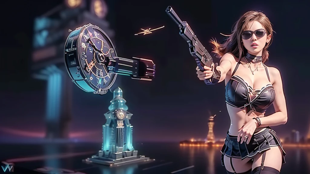 (aerial view). at night, futuristic sci-fi cyberpunk city, broad viaduct, skyscrapers at the end of the viaduct, the movie "13th Floor" style, (((((voltex-spirit-spreading giant clock tower as time machine))))), hq. Matrix style, at night, (1girl, solo), photo realistic, (large-breast:1.2 slim body, cleavage:1.3), (((tube top, extreamly short pleated (((miniskirt))) exposing panty))), (((((matrix style black sunglasses))))), (((((aiming at camera with a (short pistol)))))), (((half-body (thigh level) medium shot))), (cinematic lighting).
