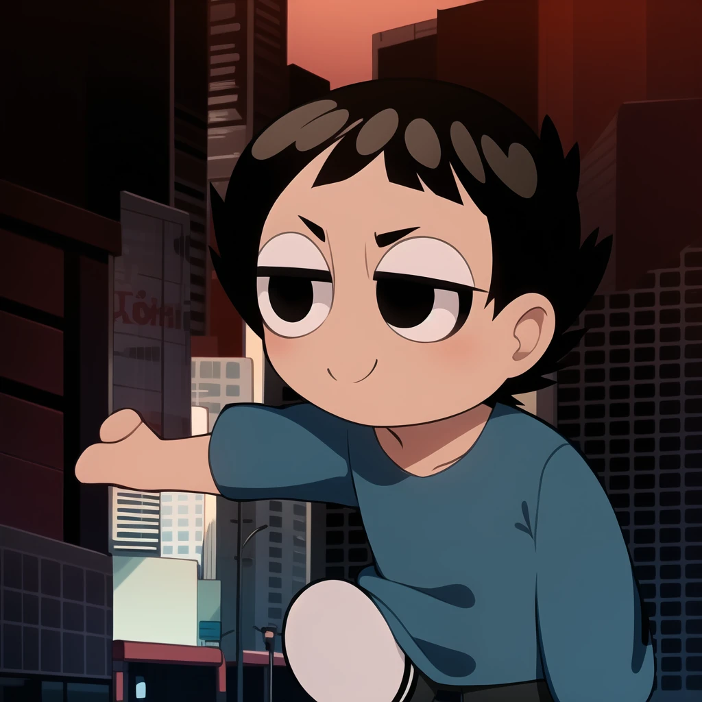 boy, shirt, short sleeves, pants, cute smile, full body, chibi, black hair, city background, (((Solo)))