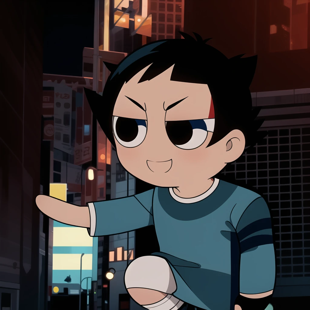 boy, shirt, short sleeves, pants, cute smile, full body, chibi, black hair, city background, (((Solo)))