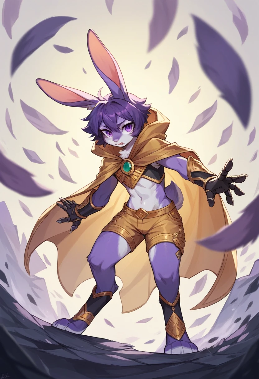 create a picture of a half rabbit character  with purple giant rabbit digitigrade legs with white paws, put purple rabbit ears on top of her head, make her wearing a royal looking white cloak with golden accents and white shorts with golden accents and black gauntlets with purple lights, put purple fur on her arms from her elbows down, give her short brown hair, make her legs look fluffy and furry, make her look like she’s leaping, make it in an anime style, keep her barefoot, make her wearing a black athletic tank top underneath the cloak