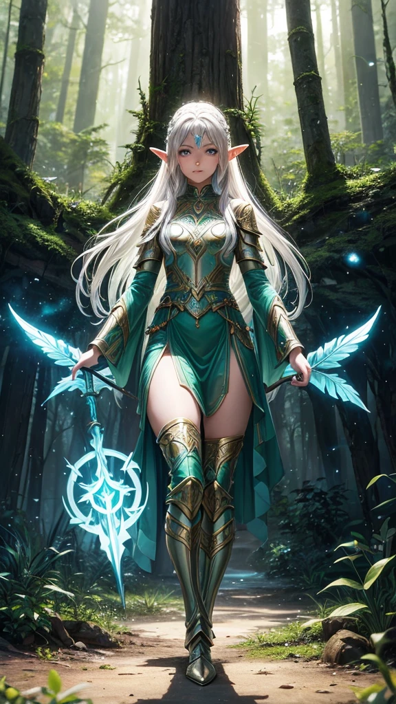 A young, adventurous female elf warrior standing in a mystical forest. She has long, flowing silver hair and piercing green eyes. Her armor is made of intricately designed silver and green metals, adorned with emeralds. She holds a glowing, ancient staff in her right hand and a small, enchanted shield in her left. The forest is dense with ancient trees, bioluminescent plants, and soft mist swirling around her feet. The mood is magical and mysterious, realistic, 4k, beautiful big eyes
