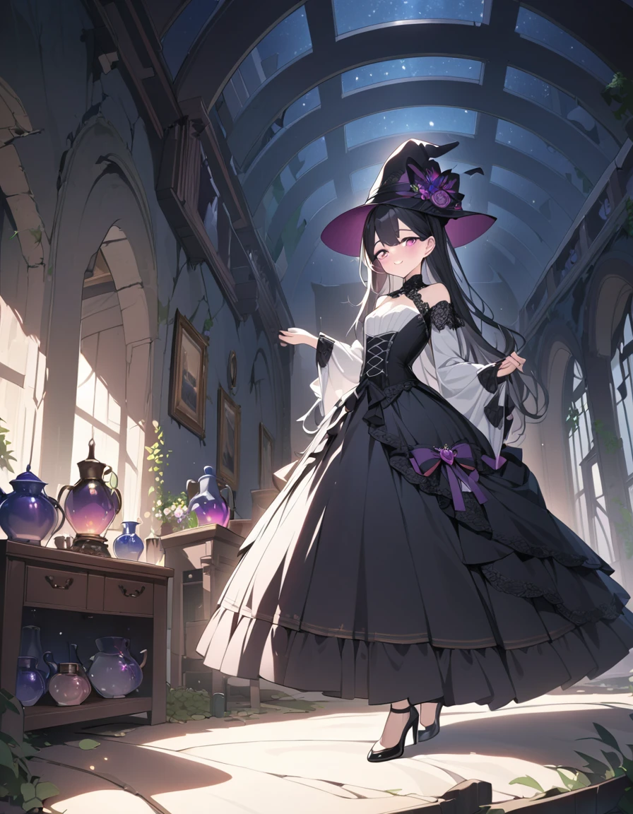 (best quality,4k,highres), pink-eyed,long black hair,girl looks happy,beautiful detailed eyes,beautiful detailed lips,long eyelashes,best quality portrait painting,detailed,physically-based rendering,ultra-fine painting,fine details,painting,a teenage boy has joined a witch coven and gets magically transformed into a cute teenage witch girl,gender bending,witches are helping putting clothes on the new girl,girl happily getting dressed in a stunning black victorian dress, physically-based rendering,gorgeous dress design,flowing gown,elaborate lace details,rich textures,contrast stitching,delicate ribbon bows,floral accents,full skirt,high neckline,long sleeves,fitted waistline,flared cuffs,lace-up back,imperfect fabrics,flawless silhouette,high heels, pink-eyed girl,effeminate face,pointy hat,long black hair,witches assisting in dressing up the new girl,promptly helps the new girl getting dressed in a stunning black Victorian dress,inside an abandoned castle, moonlit night with a full moon shining above, soft and ethereal lighting, magic pot, potions on a shelf, pentagram, high resolution, 4K, 8K