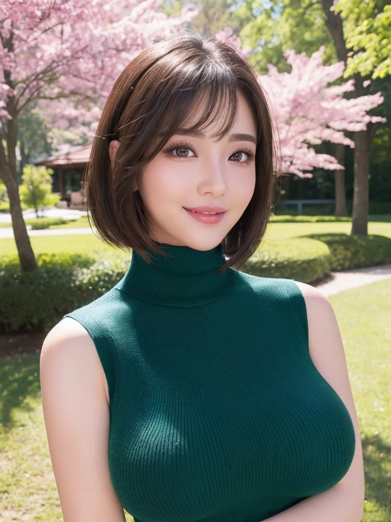 (Highest quality、Tabletop、8K、Best image quality、Award-winning works)、1 female、(Perfect sleeveless turtleneck knit sweater dress in random colors:1.3)、(short hair:1.1)、(Baby Face:1.2)、The biggest smile looks at me、(Big Breasts:1.8)、Exactly、(Accentuate your body lines:1.2)、Low length、(Glamorous Body:1.2)、(Chubby body type:1.2)、(Beautiful park background with strong blur:1.1)、The most natural and perfect beauty park、A perfectly maintained park、Standing Elegantly、A refreshing view、Natural Makeup、Ultra-high definition beauty face、Ultra HD Hair、Ultra-high definition sparkling eyes、(Ultra-high resolution glossy skin:1.1)、Ultra-high quality glossy lips、(Accurate anatomy:1.1)、(very bright and vivid:1.3)、(Bright and beautiful skin:1.3)